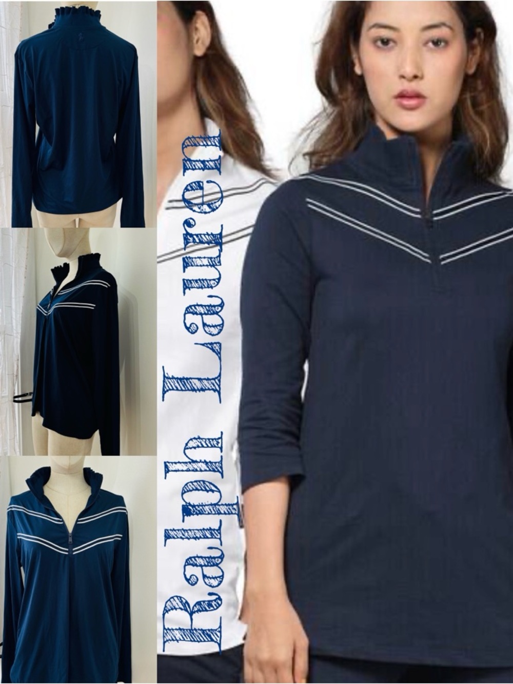 Ralph Lauren Navy Zip-Neck Long Sleeve Pullover with White Piping